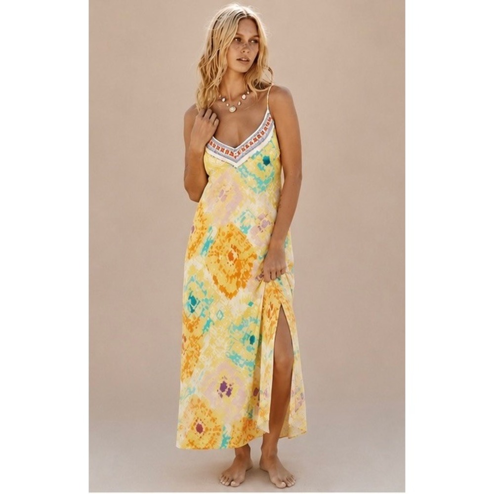 River Island Resort Yellow Tie Dye Embellished V-Neck Maxi Dress Small NWT